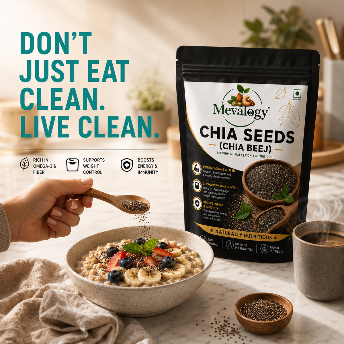 Mevalogy Chia Seeds 200g I Seeds for Eating | Seeds for Weight Management | Rich in Calcium, Protein & Fibre