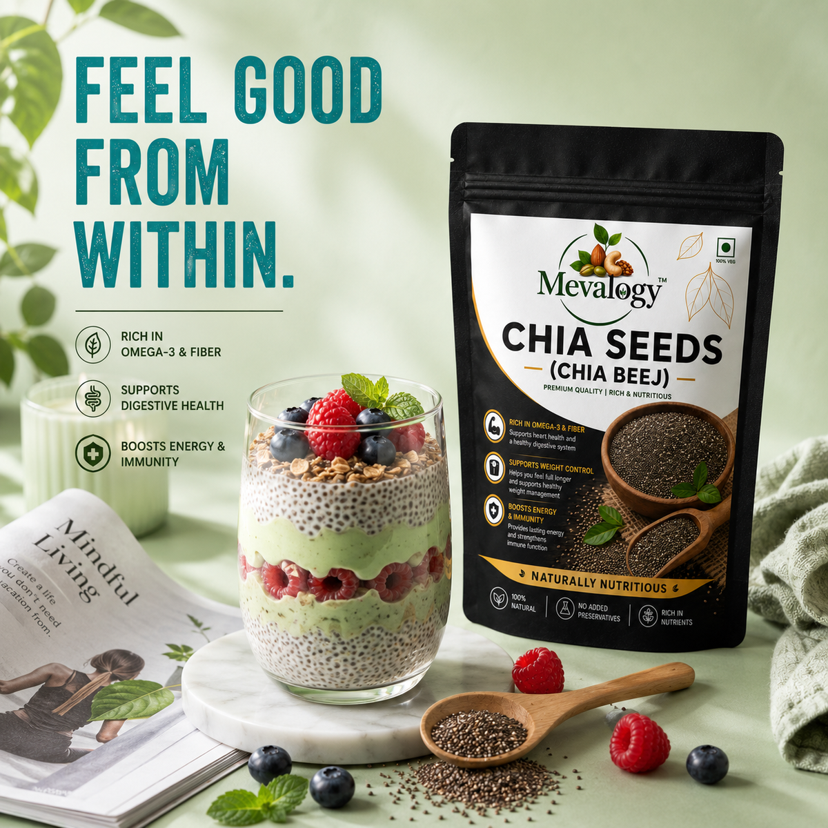 Mevalogy Chia Seeds 200g I Seeds for Eating | Seeds for Weight Management | Rich in Calcium, Protein & Fibre