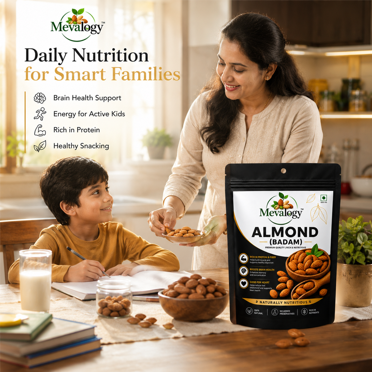 Mevalogy Premium Almonds 200g | Whole Natural Badam | Rich in Protein | Vitamin E | Dietary Fibre | Magnesium | Crunchy Dry Fruits | Gluten Free | 200 g