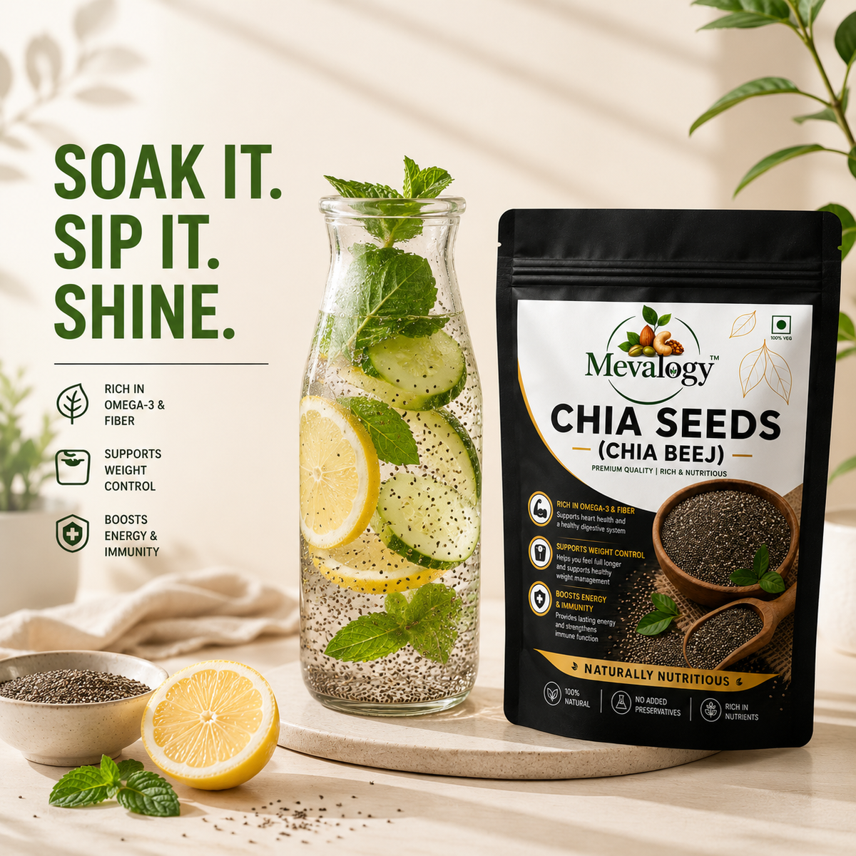 Mevalogy Chia Seeds 200g I Seeds for Eating | Seeds for Weight Management | Rich in Calcium, Protein & Fibre