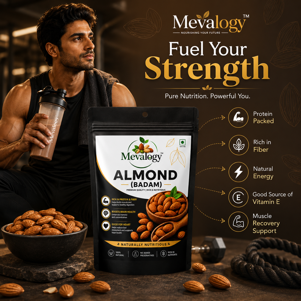 Mevalogy Premium Almonds 200g | Whole Natural Badam | Rich in Protein | Vitamin E | Dietary Fibre | Magnesium | Crunchy Dry Fruits | Gluten Free | 200 g