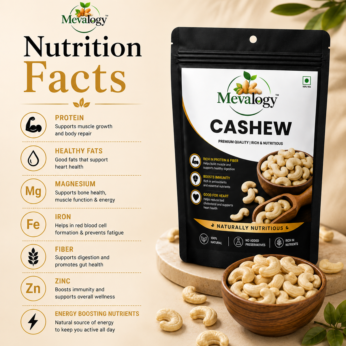 Mevalogy Pure Cashews Whole/Kaju, 200g, Nutritious & Delicious, Premium Kaju nuts, Rich in Protein, Magnesium & Phosphorus, Deluxe Size & Crunchy Nuts