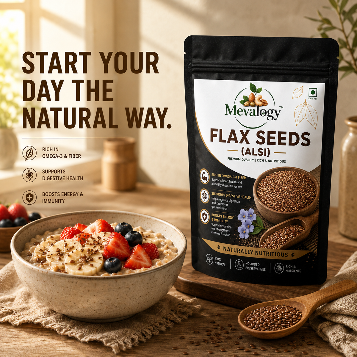 Mevalogy Premium Flax Seeds 200g | Natural Alsi | Rich in Omega-3 | High in Dietary Fiber | Protein Rich