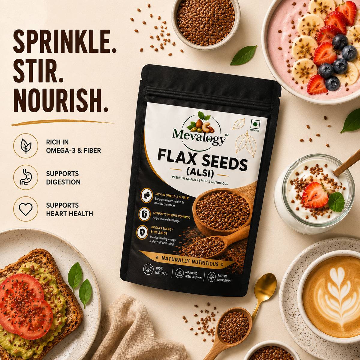 Mevalogy Premium Flax Seeds 200g | Natural Alsi | Rich in Omega-3 | High in Dietary Fiber | Protein Rich