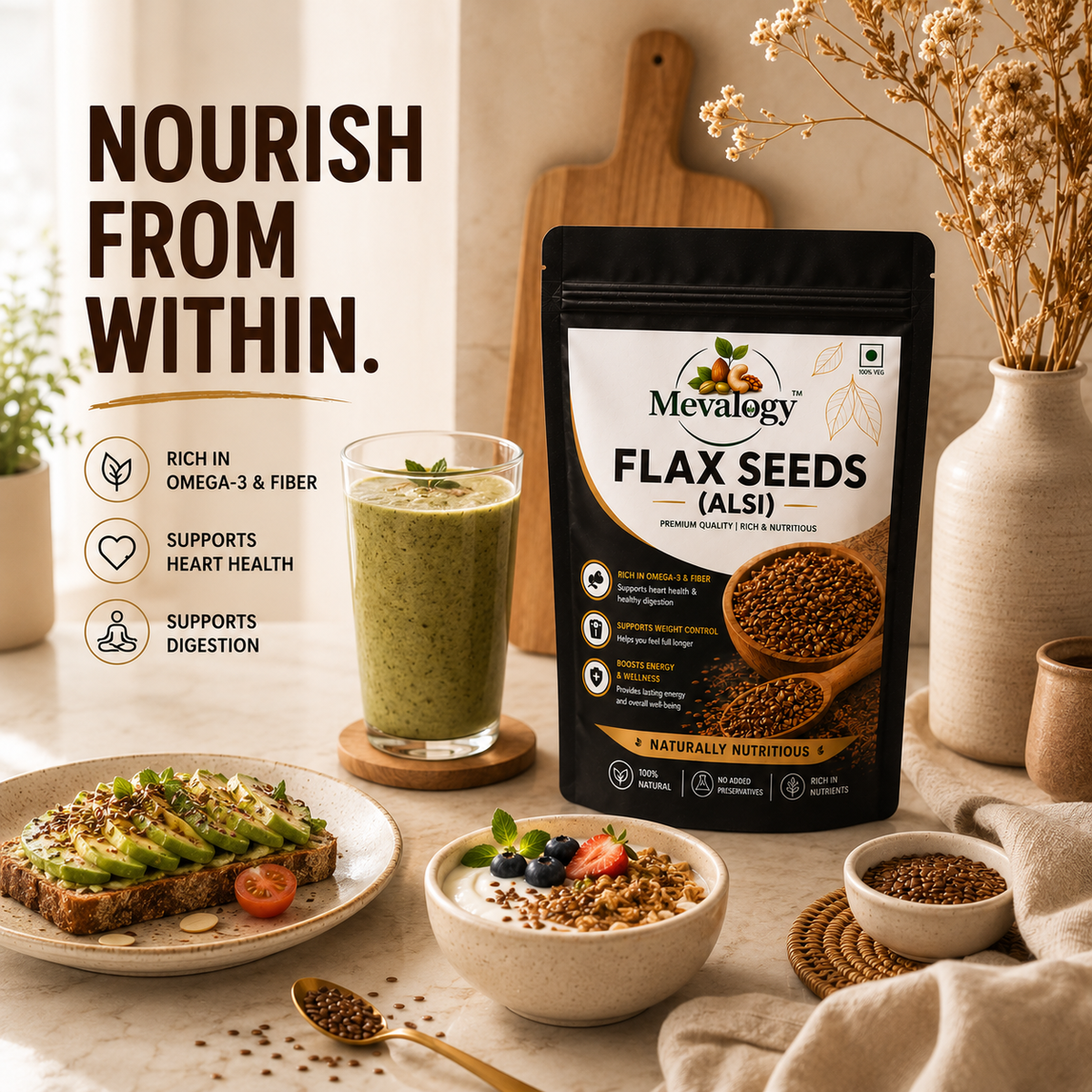 Mevalogy Premium Flax Seeds 200g | Natural Alsi | Rich in Omega-3 | High in Dietary Fiber | Protein Rich