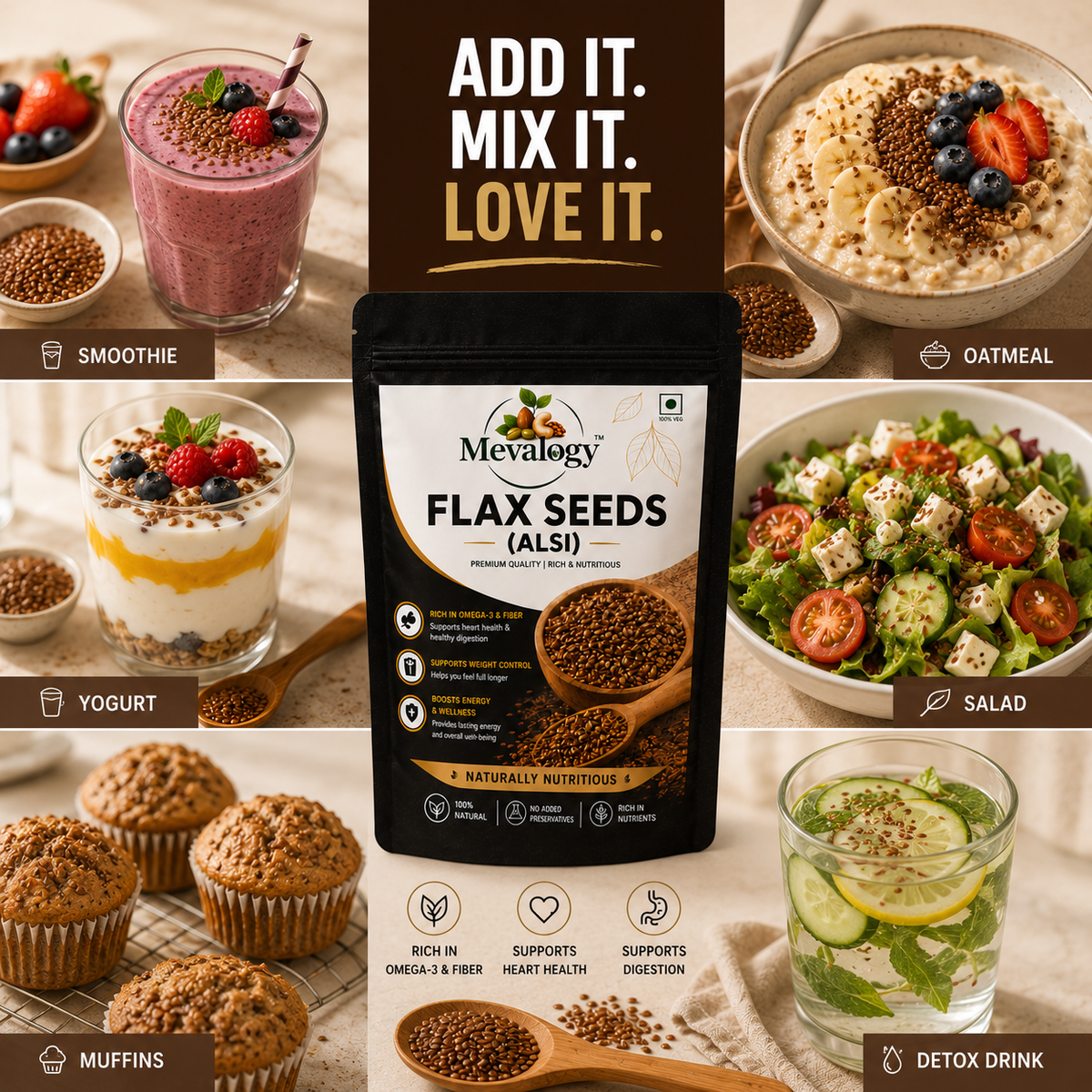 Mevalogy Premium Flax Seeds 200g | Natural Alsi | Rich in Omega-3 | High in Dietary Fiber | Protein Rich