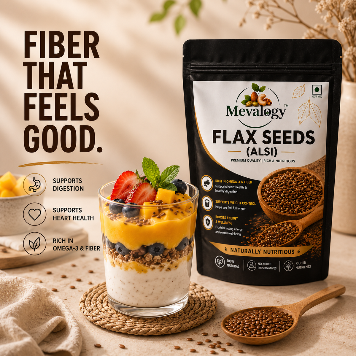 Mevalogy Premium Flax Seeds 200g | Natural Alsi | Rich in Omega-3 | High in Dietary Fiber | Protein Rich