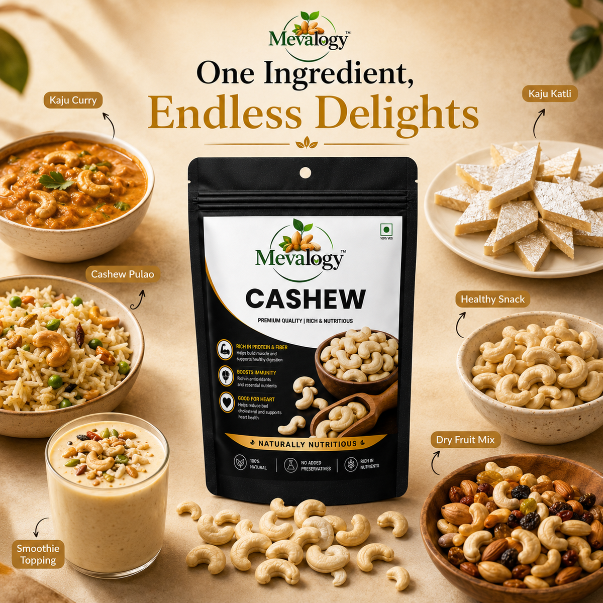Mevalogy Pure Cashews Whole/Kaju, 200g, Nutritious & Delicious, Premium Kaju nuts, Rich in Protein, Magnesium & Phosphorus, Deluxe Size & Crunchy Nuts