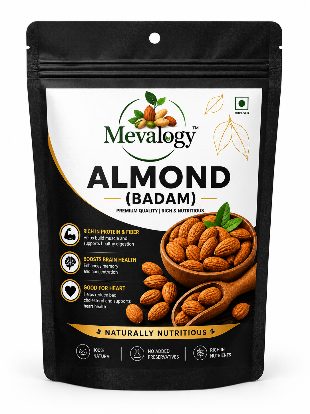 Mevalogy Premium Almonds 200g | Whole Natural Badam | Rich in Protein | Vitamin E | Dietary Fibre | Magnesium | Crunchy Dry Fruits | Gluten Free | 200 g