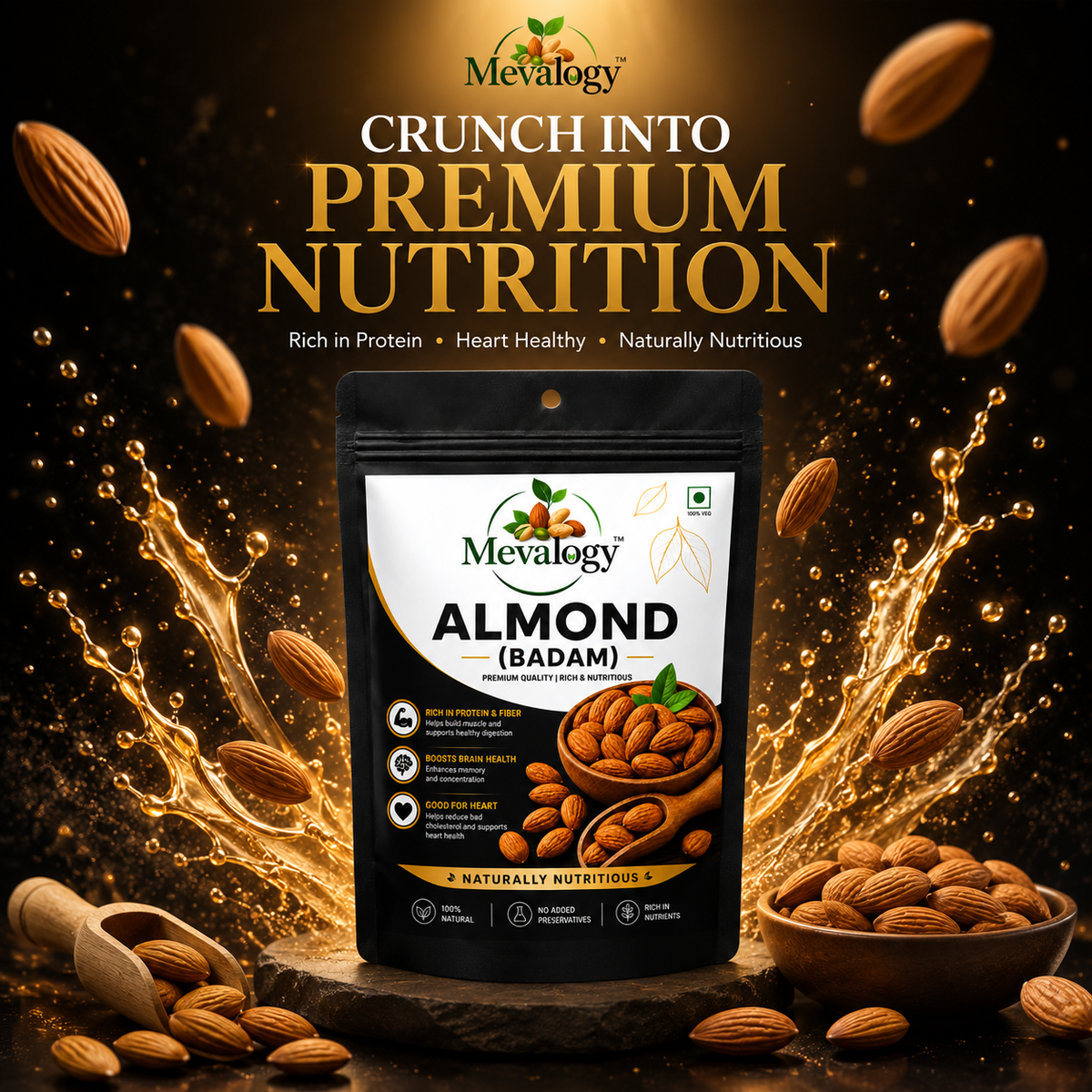 Mevalogy Premium Almonds 200g | Whole Natural Badam | Rich in Protein | Vitamin E | Dietary Fibre | Magnesium | Crunchy Dry Fruits | Gluten Free | 200 g