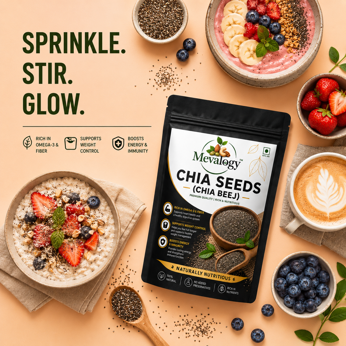 Mevalogy Chia Seeds 200g I Seeds for Eating | Seeds for Weight Management | Rich in Calcium, Protein & Fibre