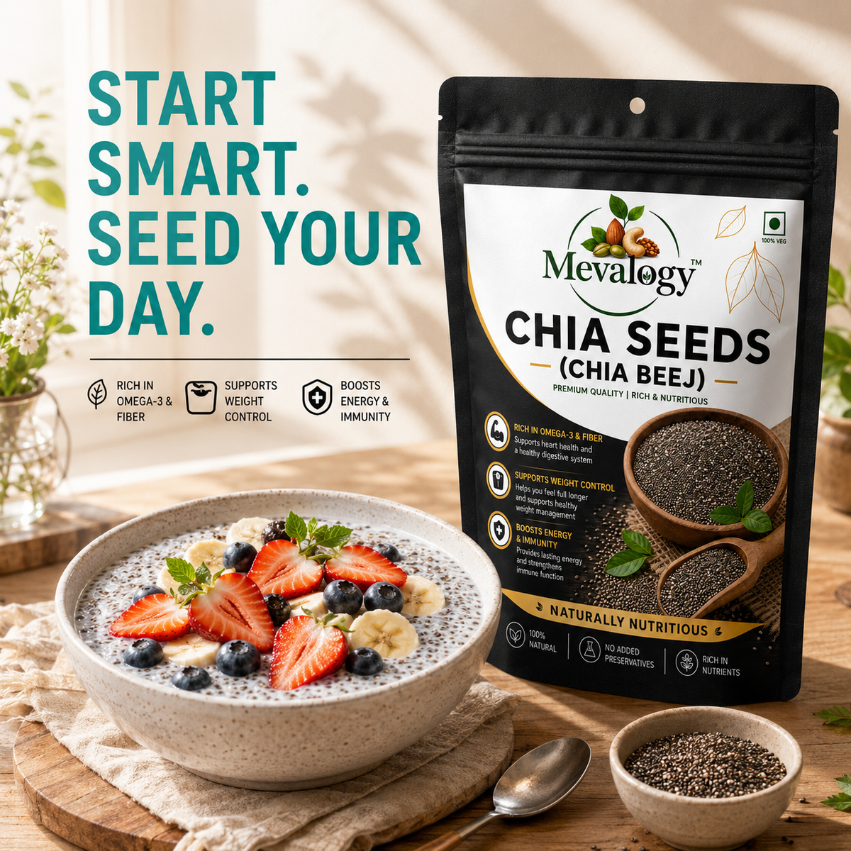 Mevalogy Chia Seeds 200g I Seeds for Eating | Seeds for Weight Management | Rich in Calcium, Protein & Fibre