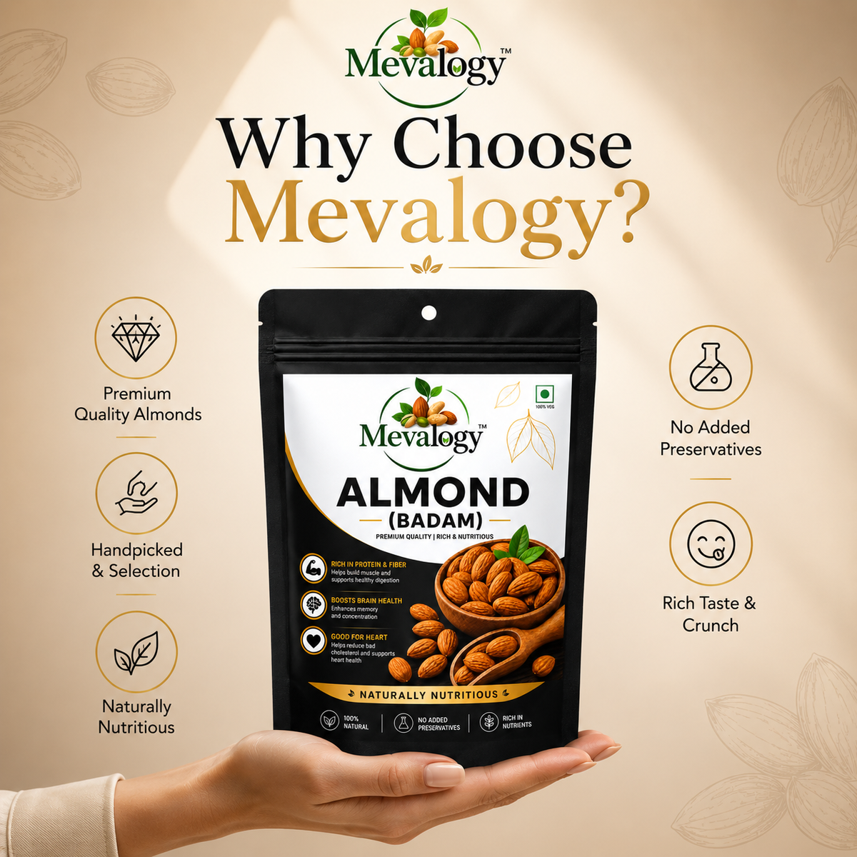 Mevalogy Premium Almonds 200g | Whole Natural Badam | Rich in Protein | Vitamin E | Dietary Fibre | Magnesium | Crunchy Dry Fruits | Gluten Free | 200 g
