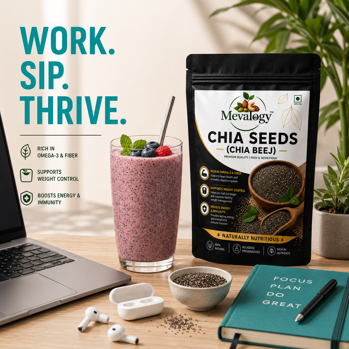 Mevalogy Chia Seeds 200g I Seeds for Eating | Seeds for Weight Management | Rich in Calcium, Protein & Fibre
