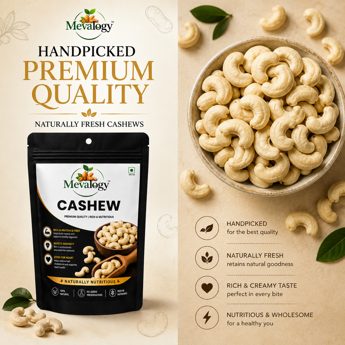 Mevalogy Pure Cashews Whole/Kaju, 200g, Nutritious & Delicious, Premium Kaju nuts, Rich in Protein, Magnesium & Phosphorus, Deluxe Size & Crunchy Nuts