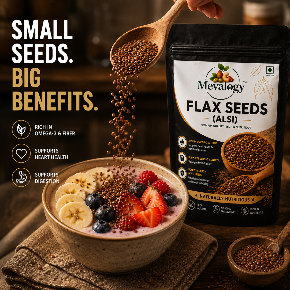 Mevalogy Premium Flax Seeds 200g | Natural Alsi | Rich in Omega-3 | High in Dietary Fiber | Protein Rich